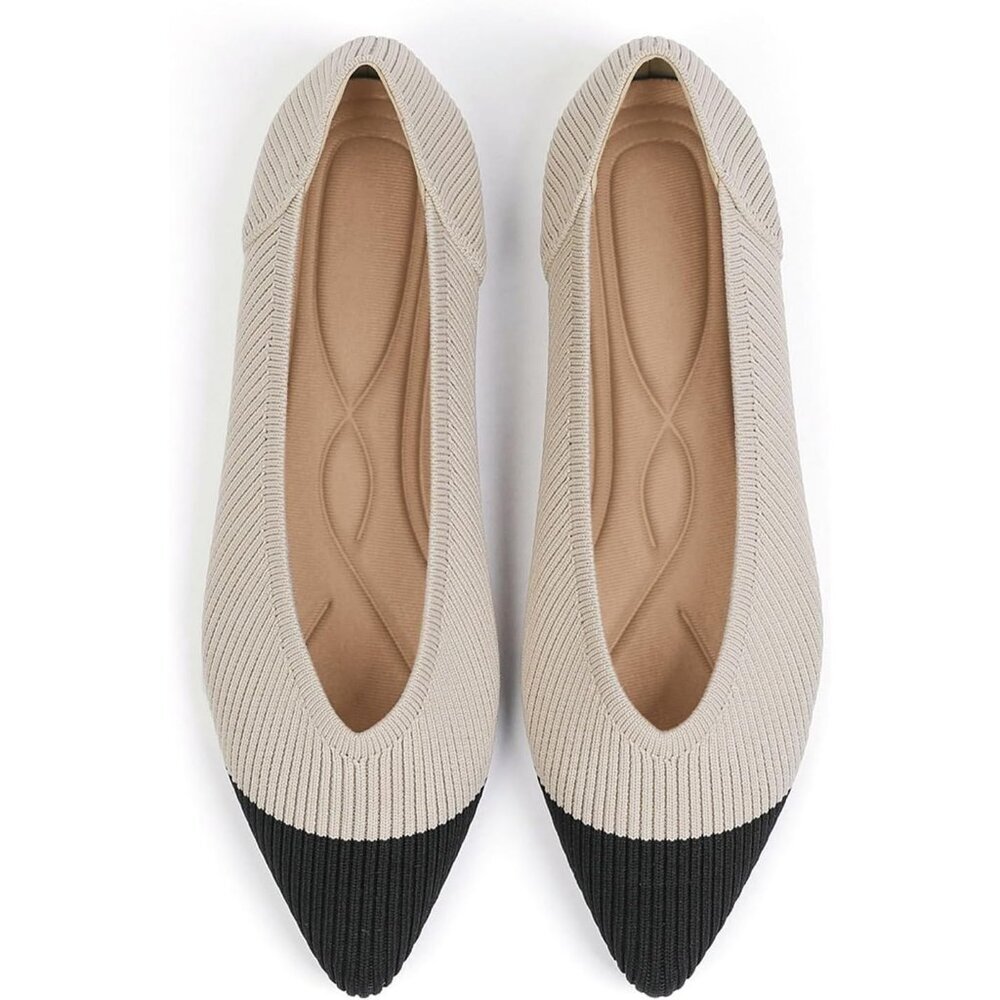 Women's Black Beige Flats Pointed Toe Knit Ballet Comfortable Rubber Shoes